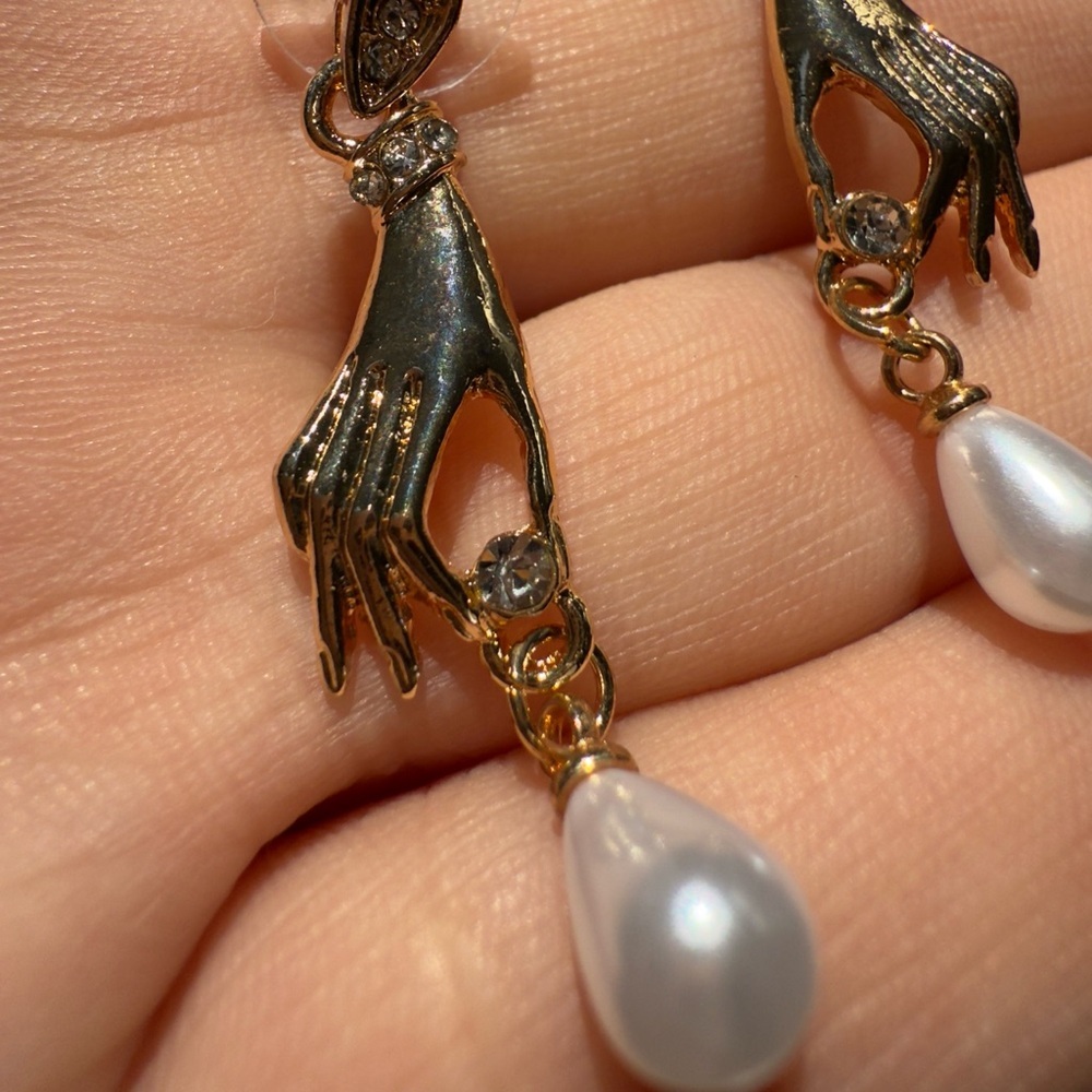 Anthropologie Gold Hand Pearl Drop Earrings - Picture 6 of 7